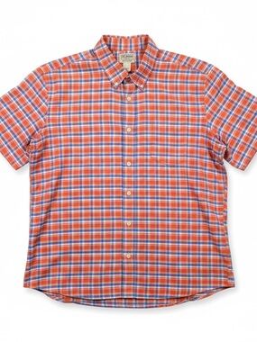 L.L. Bean Short Sleeve Plaid Button-Down Shirt in Orange/Blue Slightly Fitted XL